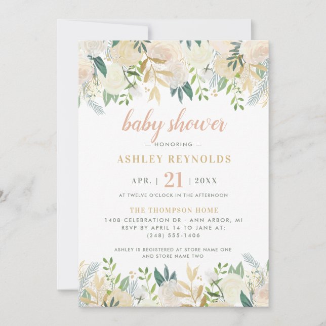 Blush Cream Gold Floral Greenery Girl Baby Shower Invitation (Front)