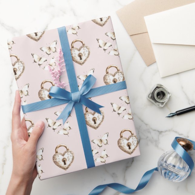 Blush Cream Heart Locks & Butterflies Birthday Wrapping Paper (Gifting)