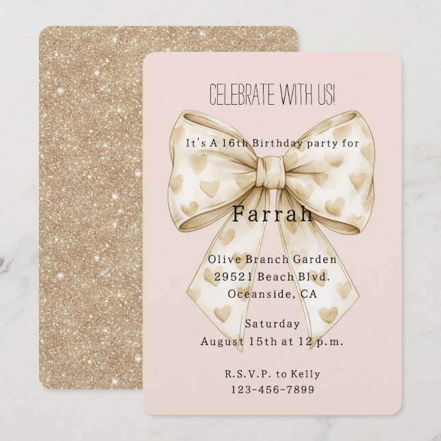 Blush Cream Hearts Bow Gold Glitter Birthday   Invitation (Front/Back)