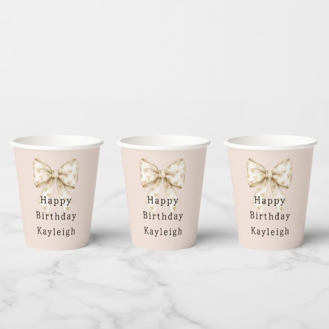 Blush Cream Hearts Bows Birthday Paper Cups (Multi)
