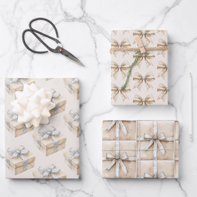 Blush Cream Silver Sparkle Bows Gifts Christmas Wrapping Paper Sheets (Front)