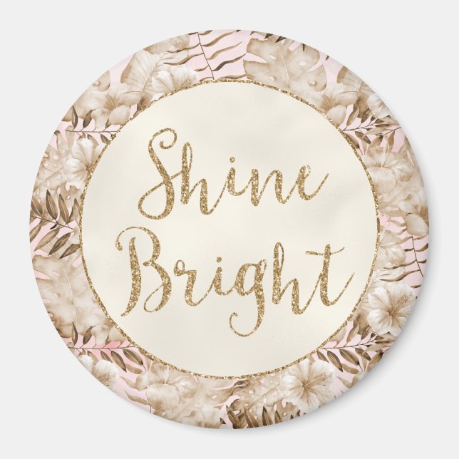  Blush Cream Tropical Floral Gold Glitter Shine Magnet (Front)
