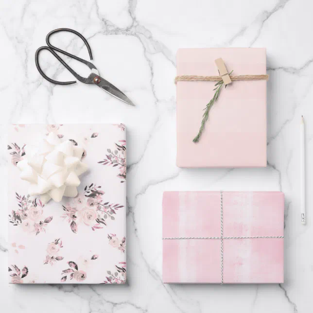 Blush & Cream Watercolor Floral and Subtle Stripes Wrapping Paper ...