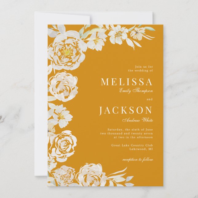 Blush & Cream Watercolor Roses Yellow Wedding Invitation (Front)