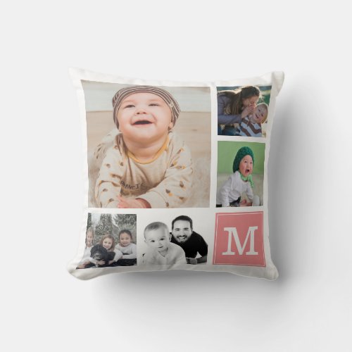 Blush Custom 10 Photo Collage Gallery Monogram Throw Pillow