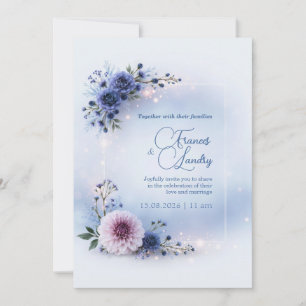 Blush Dahlia Blue Floral Frame Wedding Invitation