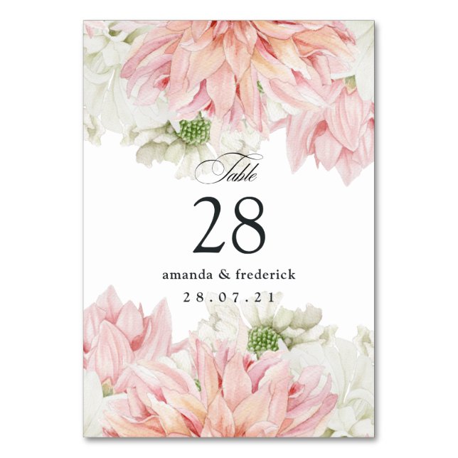 Blush Dahlias Floral Wedding Table Number (Front)