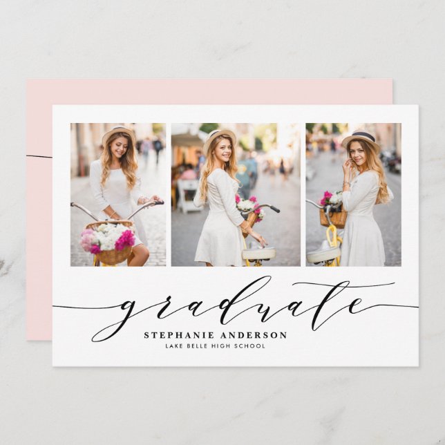 Blush Dainty Script Three Photo Graduation Party Invitation (Front/Back)