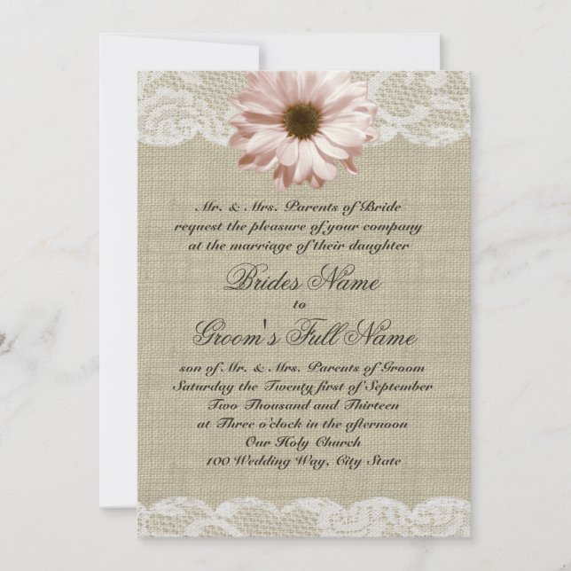 Blush Daisy and Lace Country Burlap Wedding Invitation (Front)