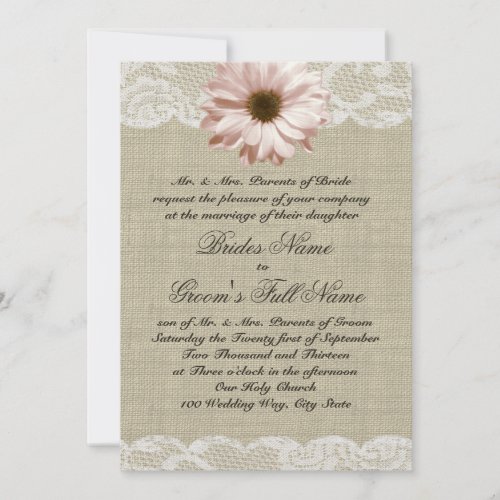 Blush Daisy and Lace Country Burlap Wedding Personalized Invitations