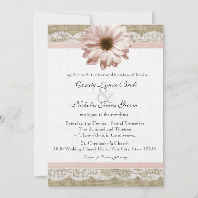 Blush Daisy Country Lace and Burlap Wedding Invitation (Front)