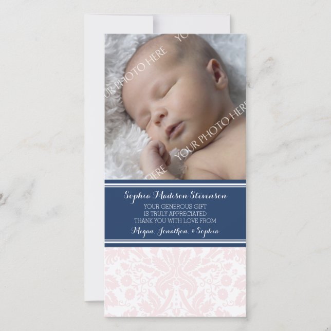 Blush Damask Thank You Baby Shower Photo Cards (Front)