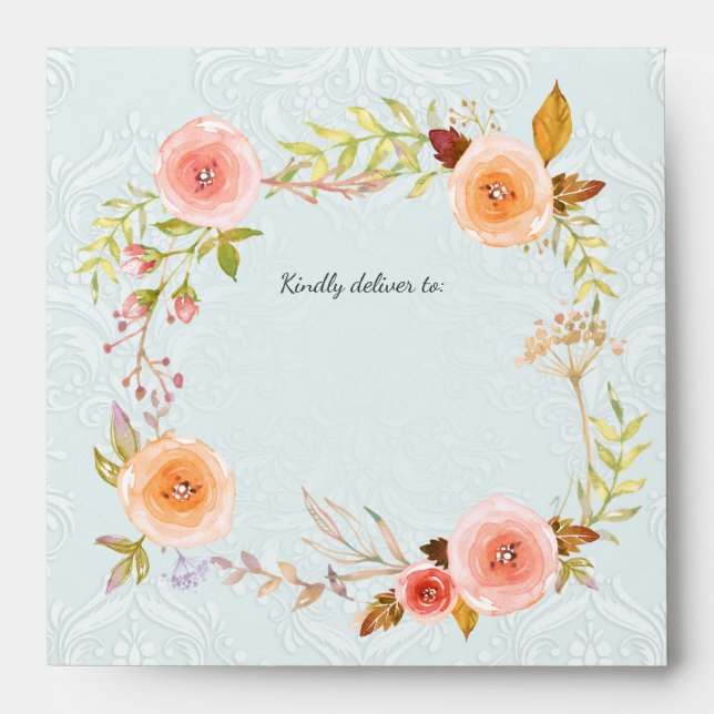 Blush Damask Watercolor Floral Wreath Baby Shower Envelope (Front)