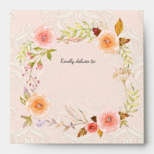 Blush Damask Watercolor Floral Wreath Baby Shower Envelope