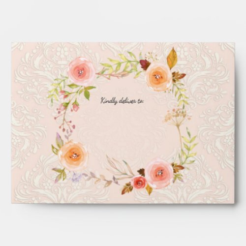 Blush Damask Watercolor Floral Wreath Baby Shower Envelope