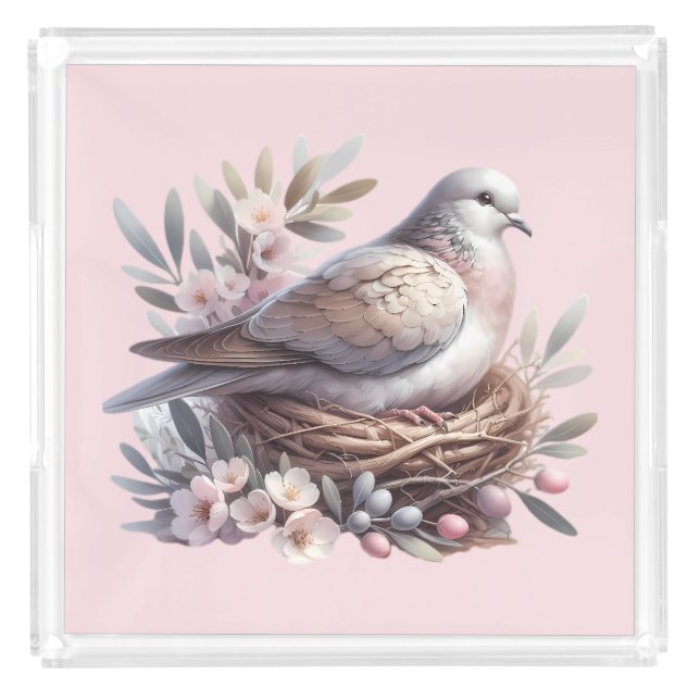 Blush Dove Nest with Flowers and Olive Branches Acrylic Tray (Front)