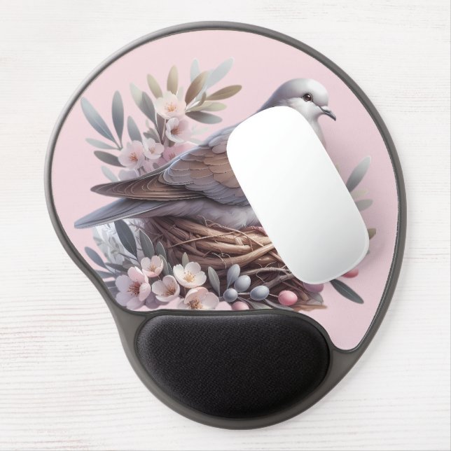 Blush Dove Nest with Flowers and Olive Branches Gel Mouse Pad (Left Side)