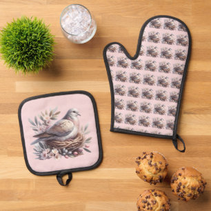 Blush Dove Nest with Flowers and Olive Branches Oven Mitt & Pot Holder Set