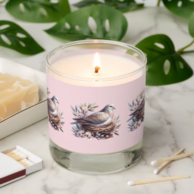 Blush Dove Nest with Flowers and Olive Branches Scented Candle (Lit)