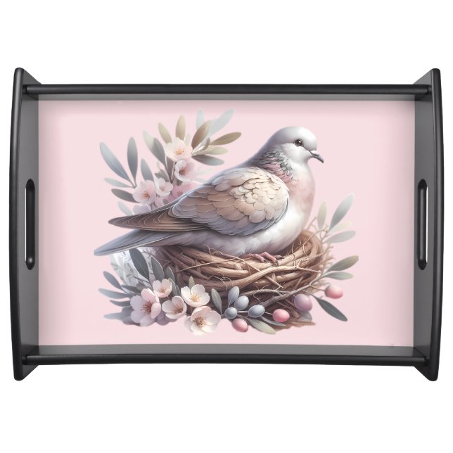 Blush Dove Nest with Flowers and Olive Branches Serving Tray (Front)