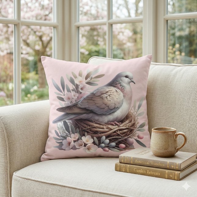 Blush Dove Nest with Flowers and Olive Branches Throw Pillow (Blush Dove Nest with Flowers and Olive Branches Throw Pillow Mockup C)