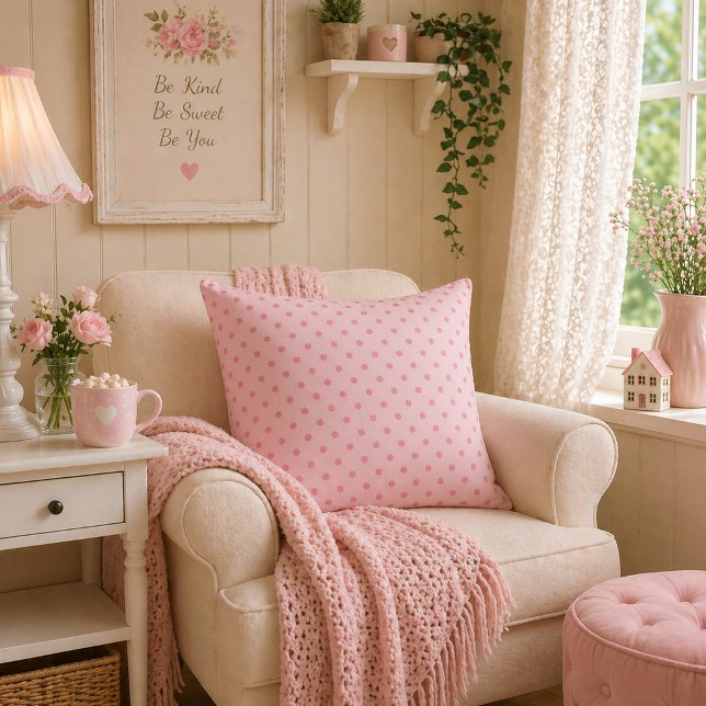 Blush Dream Soft Pink Polka Dot Throw Pillow (Creator Uploaded)