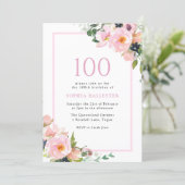 Blush Dreams Floral Womans 100th Birthday Party Invitation (Standing Front)