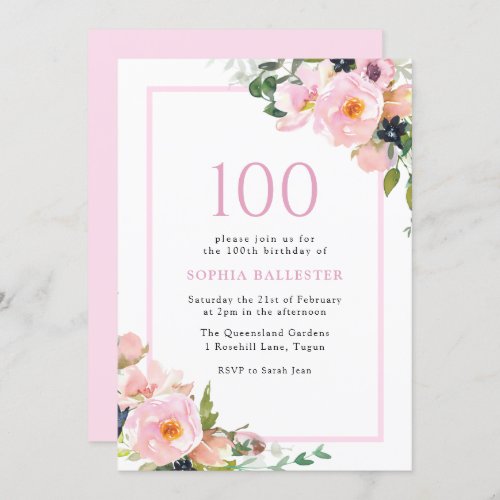 Blush Dreams Floral Womans 100th Birthday Party Invitation