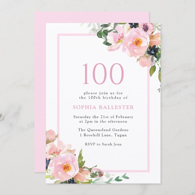 Blush Dreams Floral Womans 100th Birthday Party Invitation (Front/Back)