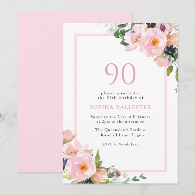 Blush Dreams Floral Womans 90th Birthday Party Invitation (Front/Back)