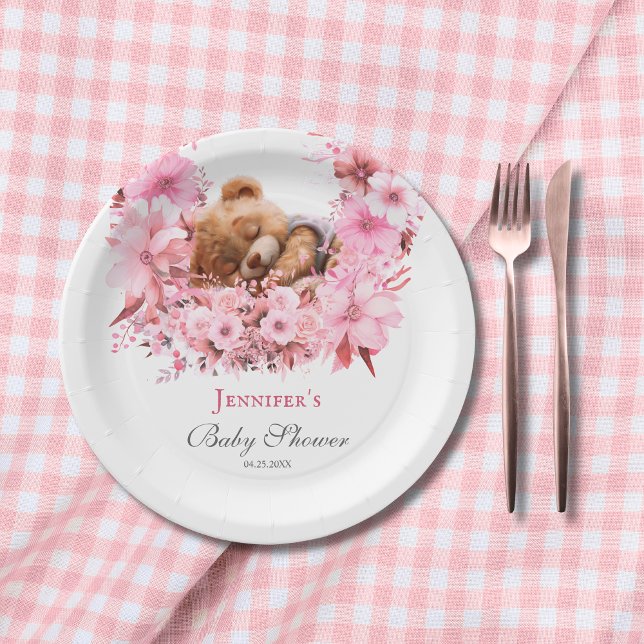 Blush Dreamy Teddy Bear Pink Baby Shower Paper Plates (Creator Uploaded)