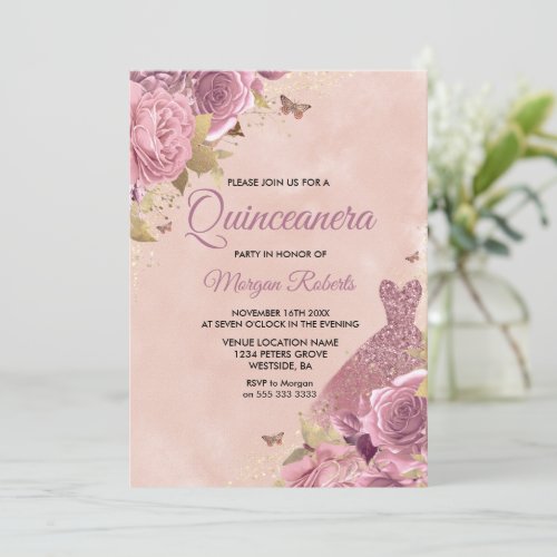 Blush Dress Dusty Rose Floral Quinceanera Party Invitation