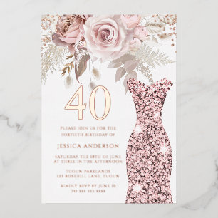 Blush Dress Fabulous 40th Birthday Party Rose Gold Foil Invitation