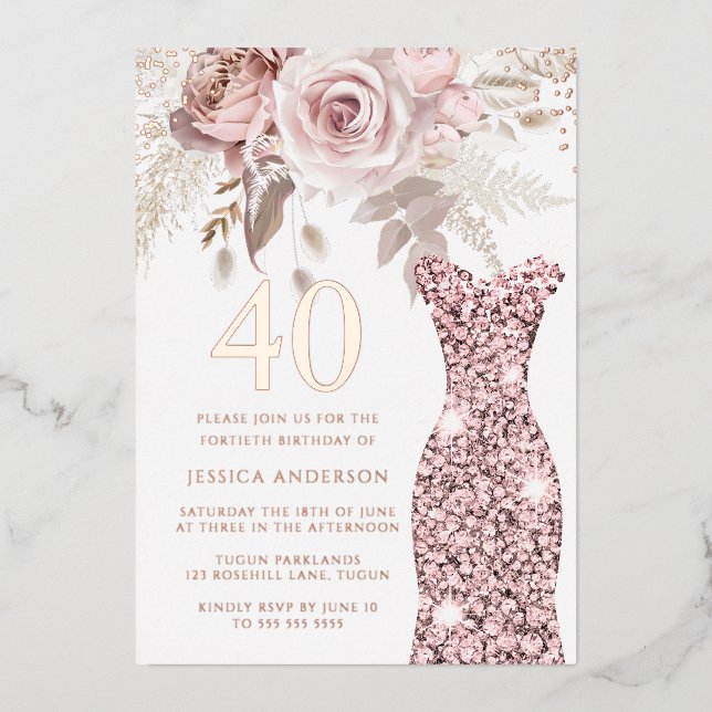 Blush Dress Fabulous 40th Birthday Party Rose Gold Foil Invitation (Front)