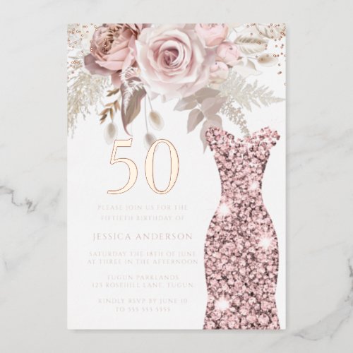 Blush Dress Fabulous 50th Birthday Party Rose Gold Foil Invitation