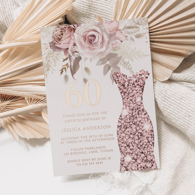 Blush Dress Fabulous 60th Birthday Party Rose Gold Foil Invitation (Creator Uploaded)
