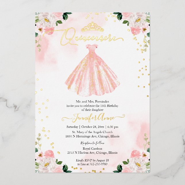 Blush Dress Quinceanera  Foil Invitation (Front)