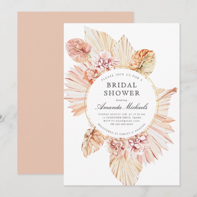 Blush Dried Palm Leaves Boho Chic Bridal Shower Invitation (Front/Back)