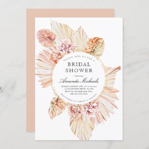 Blush Dried Palm Leaves Boho Chic Bridal Shower Invitation