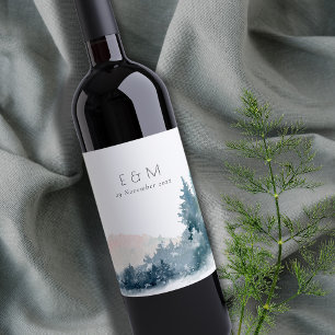 BLUSH DUSKY BLUE MOUNTAINS PINE MONOGRAM WEDDING WINE LABEL