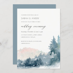 BLUSH DUSKY BLUE MOUNTAINS PINE WEDDING INVITE