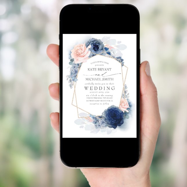 Blush Dusty and Navy Blue Floral Wedding Invitation (Front Digital)