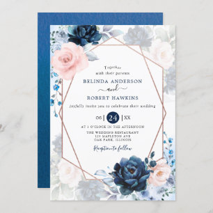 Blush Dusty and Navy Blush Pink Floral Wedding Invitation