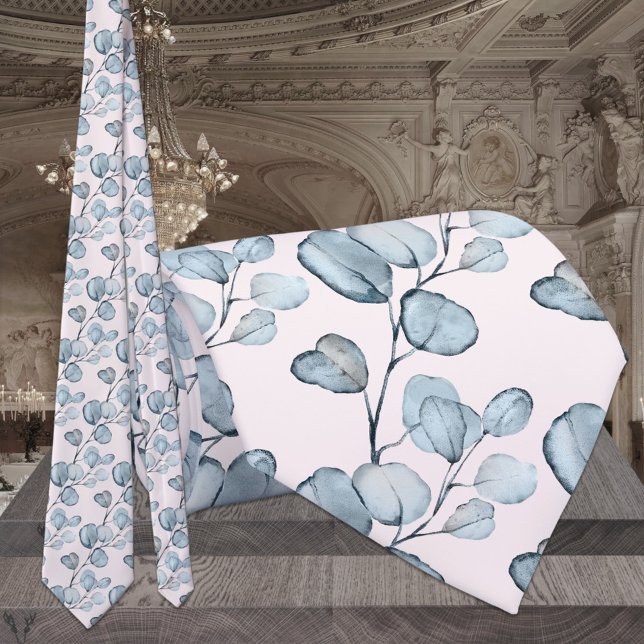 Blush & Dusty Blue Eucalyptus Elegant Wedding Neck Tie (Creator Uploaded)