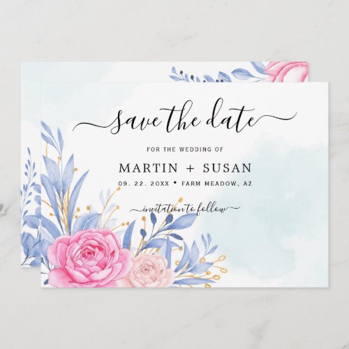 Blush Dusty Blue Eucalyptus Rose Floral Wedding Save The Date