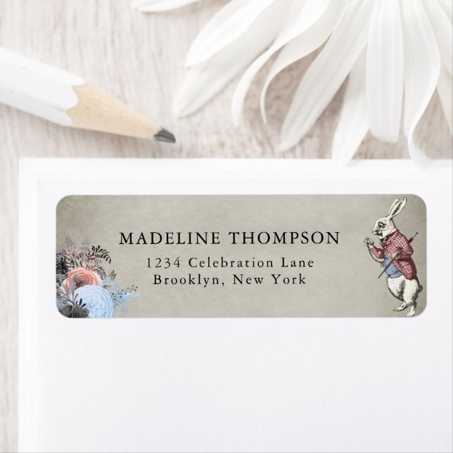 Blush Dusty Blue Floral Rabbit Alice in Wonderland Label (Insitu)