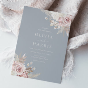 Blush, Dusty Blue & Ivory Elegant Floral Wedding Invitation