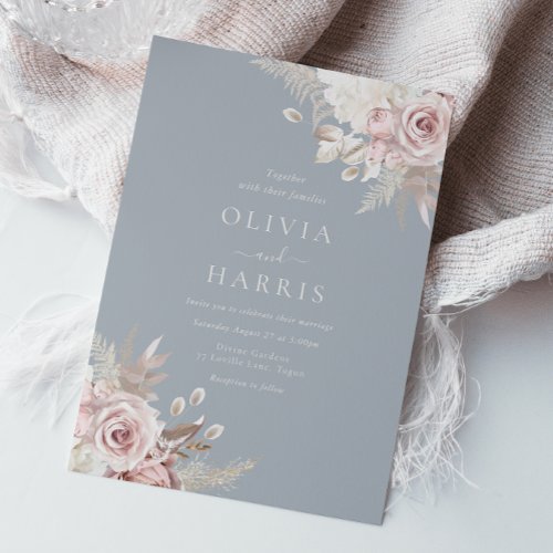 Blush Dusty Blue  Ivory Elegant Floral Wedding Invitation