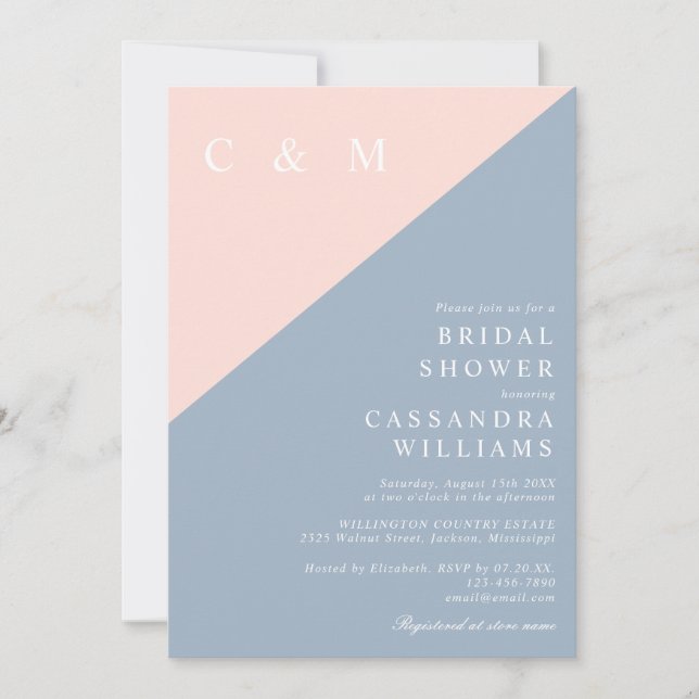 Blush Dusty Blue Minimalist Monogram Bridal Shower Invitation (Front)