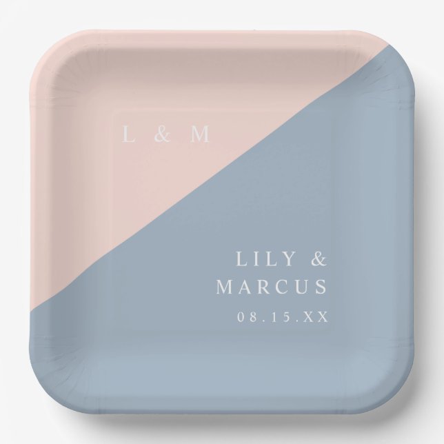 Blush Dusty Blue Minimalist Monogram Wedding Paper Plates (Front)